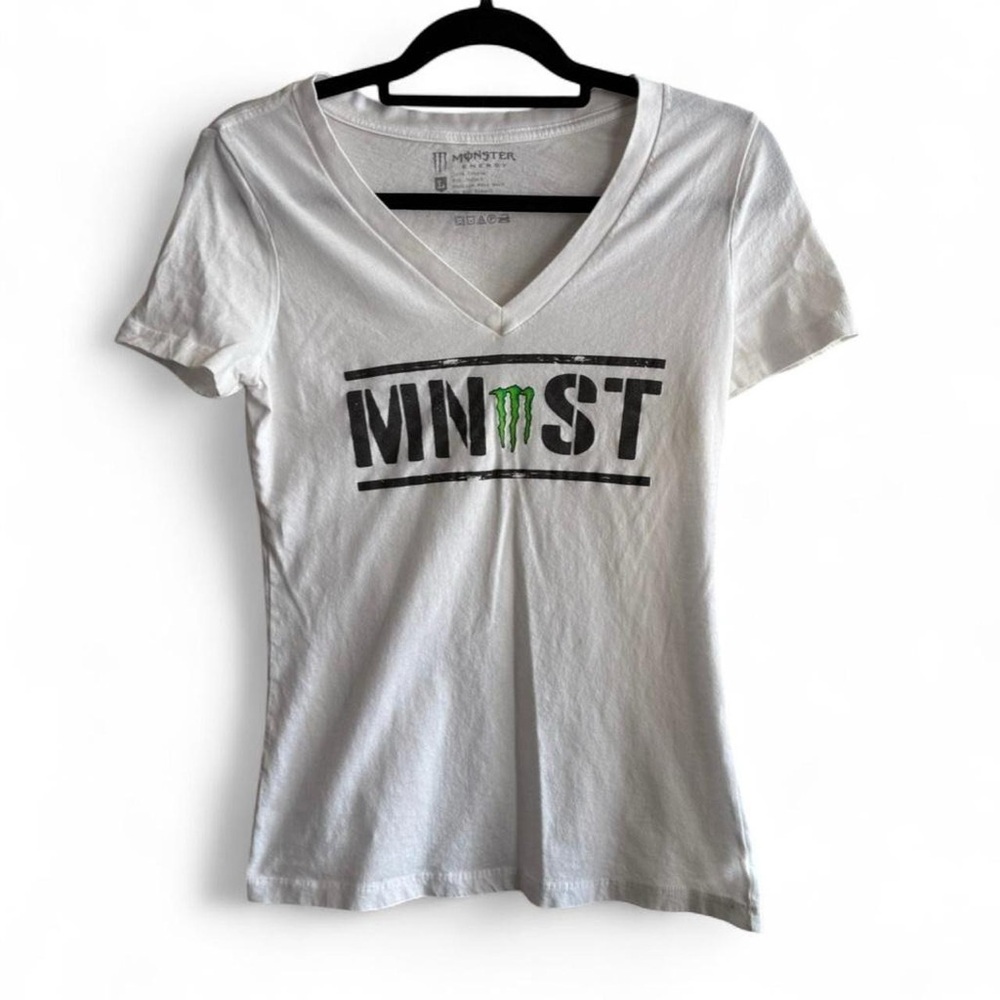 Women's White Monster Energy V-Neck T-Shirt Size Large